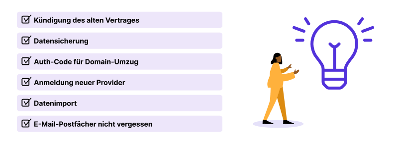 Provider-Wechsel Checkliste mit Person und Glühbirne