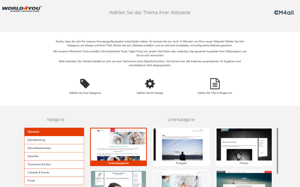 Thema der Website und erste Einstellungen im Homepage-Baukasten