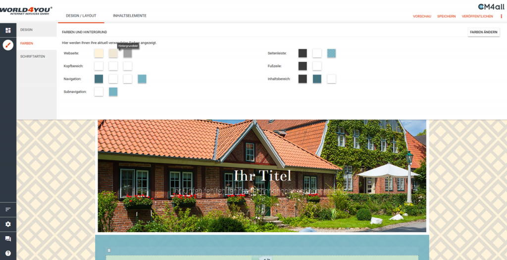 Farben und Hintergrund für Website im Homepage-Baukasten