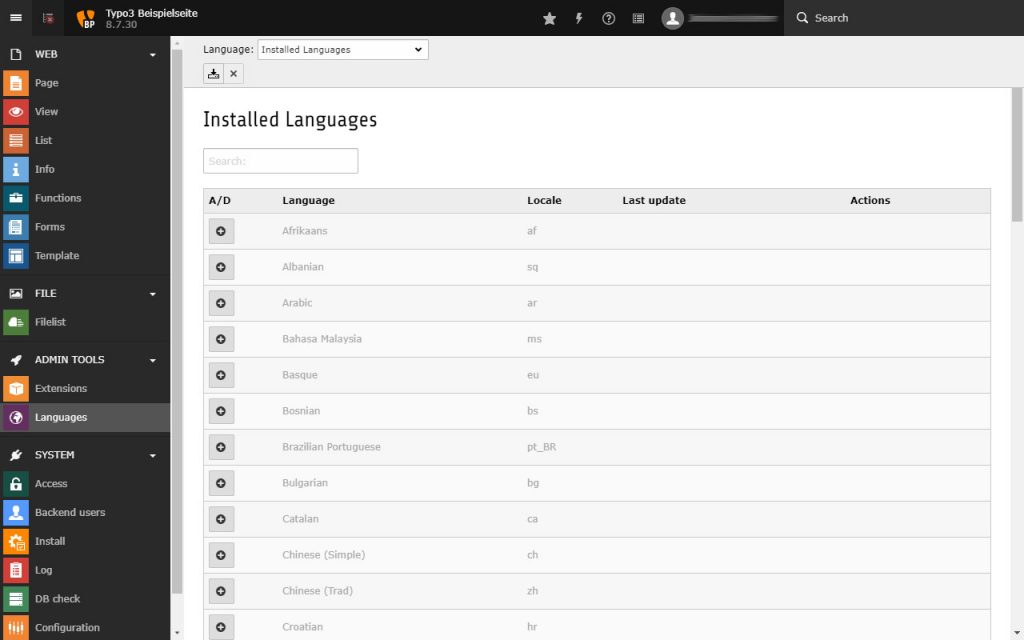 Übersicht über die installierten Sprachen in Typo3