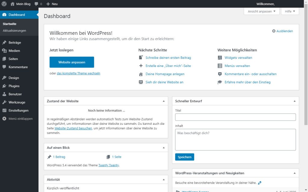 Dashboard von WordPress am Desktop