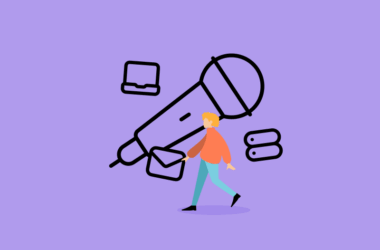 Megaphone mit Laptop, Mail und Server Icons und Person