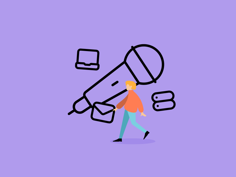 Megaphone mit Laptop, Mail und Server Icons und Person