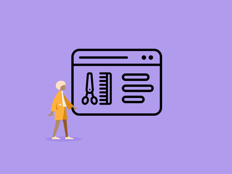 Website mit Kamm und Schere und Person