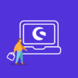 Laptop mit Shopware Logo und Person