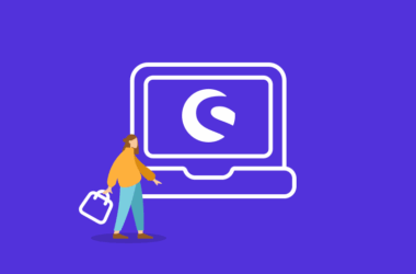 Laptop mit Shopware Logo und Person