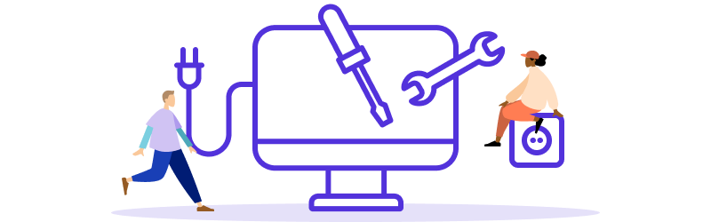 Bildschirm-Icon mit Werkzeug- und Steckdosen-Illustrationen und 2 Maxerl