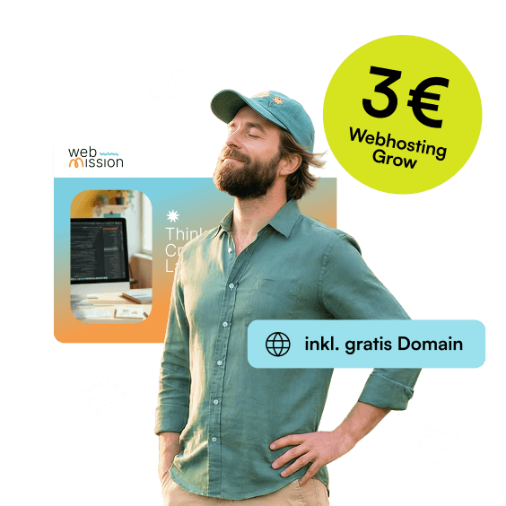 Person im türkisen Hemd lächelt entspannt. Daneben steht „3€ Webhosting Grow“ und „inkl. gratis Domain“ auf lila Grund.
