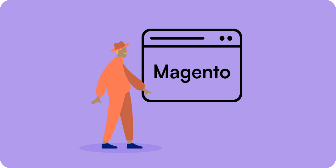 Illustration: person pointing at a browser window showing the word Magento.