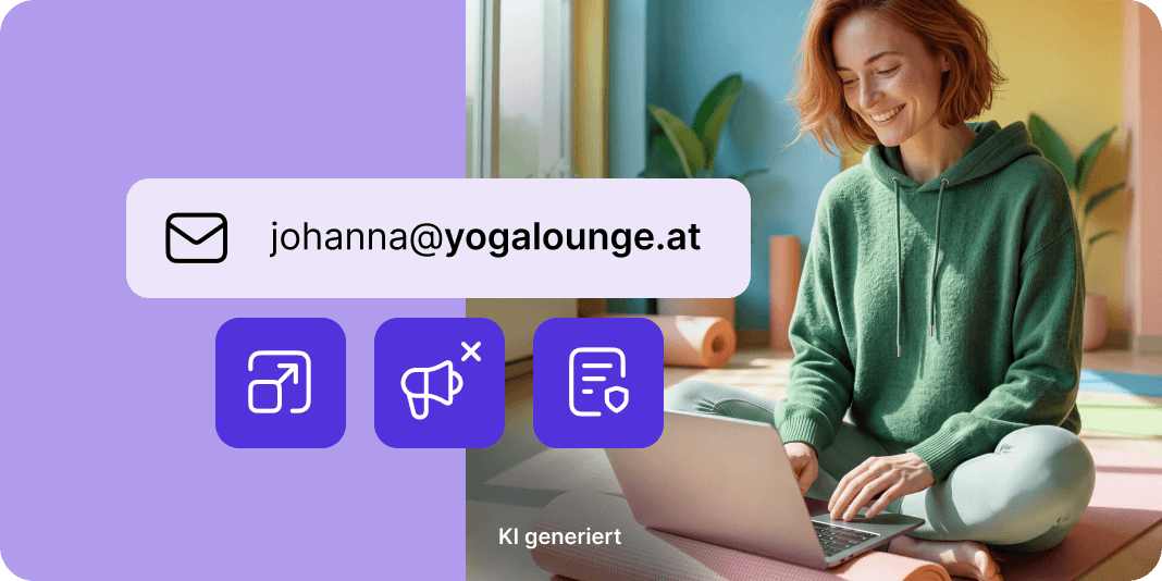 Person im grünen Oberteil am Laptop im Schneider-Sitz mit Mail-Adresse. Hinweis: KI-generierter Inhalt.