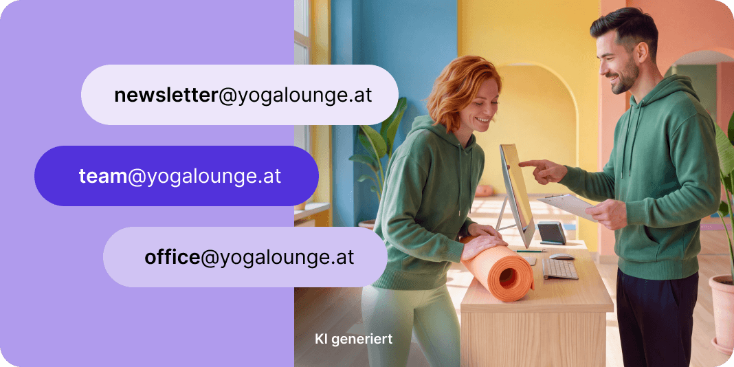Personen in grünen Oberteilen an der Rezeption mit E-Mail-Adressen. Hinweis: KI-generierter Inhalt.