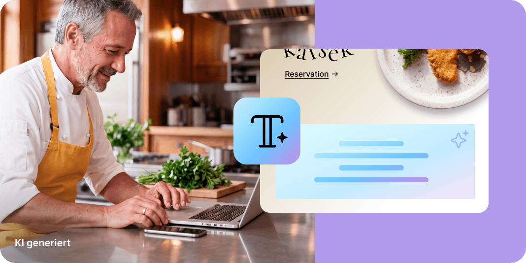 Person in gelber Schürze am Laptop; rechts Entwurf für Restaurant-Website. Hinweis: KI-generierter Inhalt.