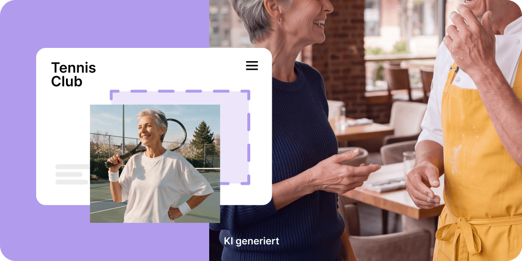 Person in blauem Oberteil, Person in gelber Schürze; Website-Entwurf mit Tennis-Bild. Hinweis: KI-generierter Inhalt.