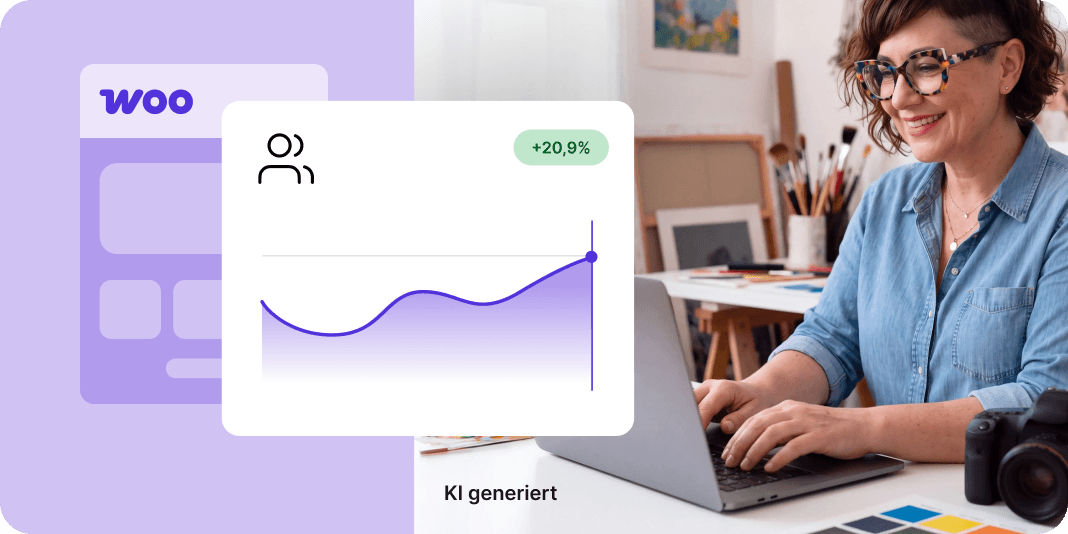 Person im blauen Oberteil am Laptop mit Woo-Statistik. Hinweis: KI-generierter Inhalt.