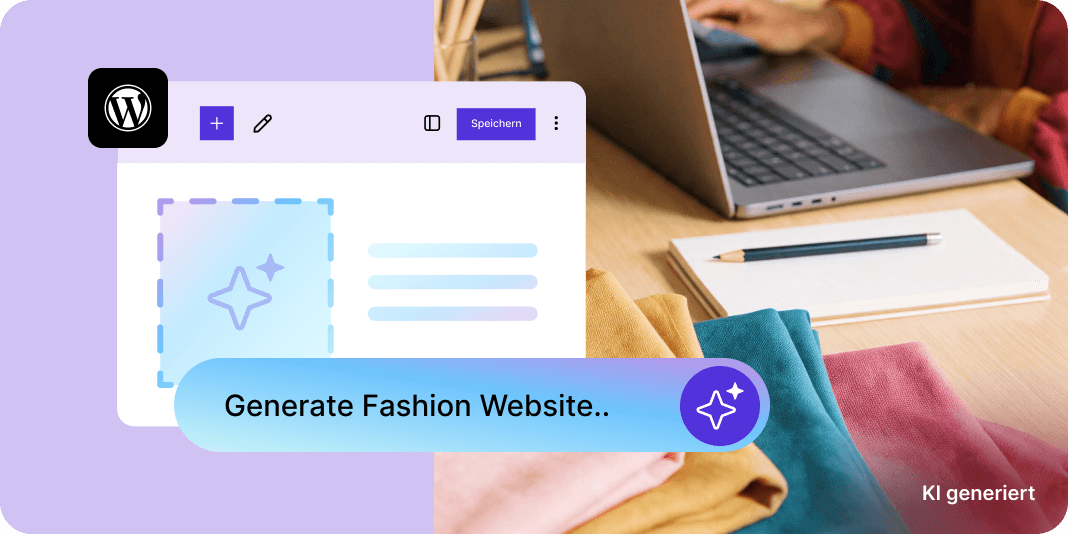 Person am Laptop, Stoffproben & Editor mit Text „Generate Fashion Website". Hinweis: KI-generierter Inhalt.