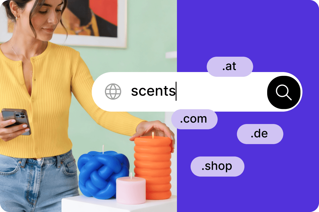 Person in yellow top uses smartphone near candles. Search bar shows "scents" with domains like .at and .com.