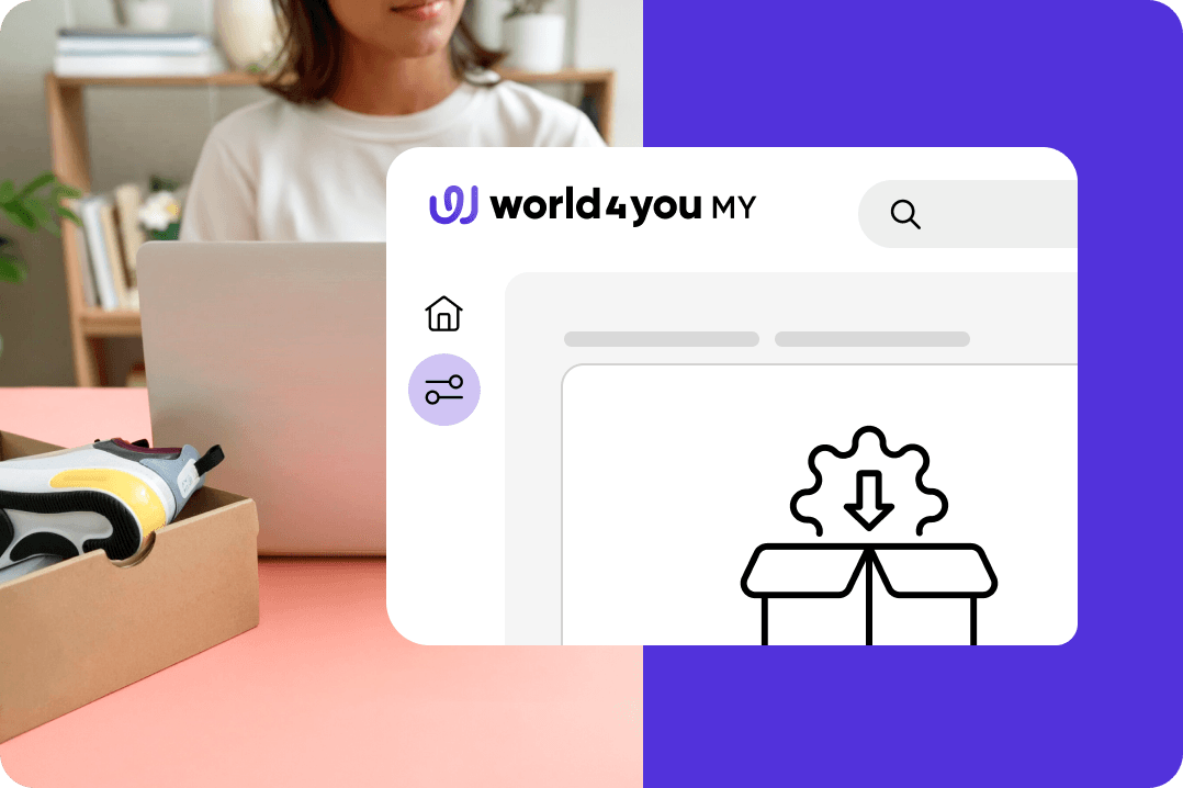 A person in a white top at a laptop next to a world4you interface showing a package installation icon.