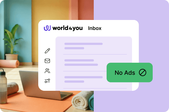 Illustration eines Posteingangs ohne Werbung über einem Bild mit Laptop, Trinkflasche und Yoga-Matte.