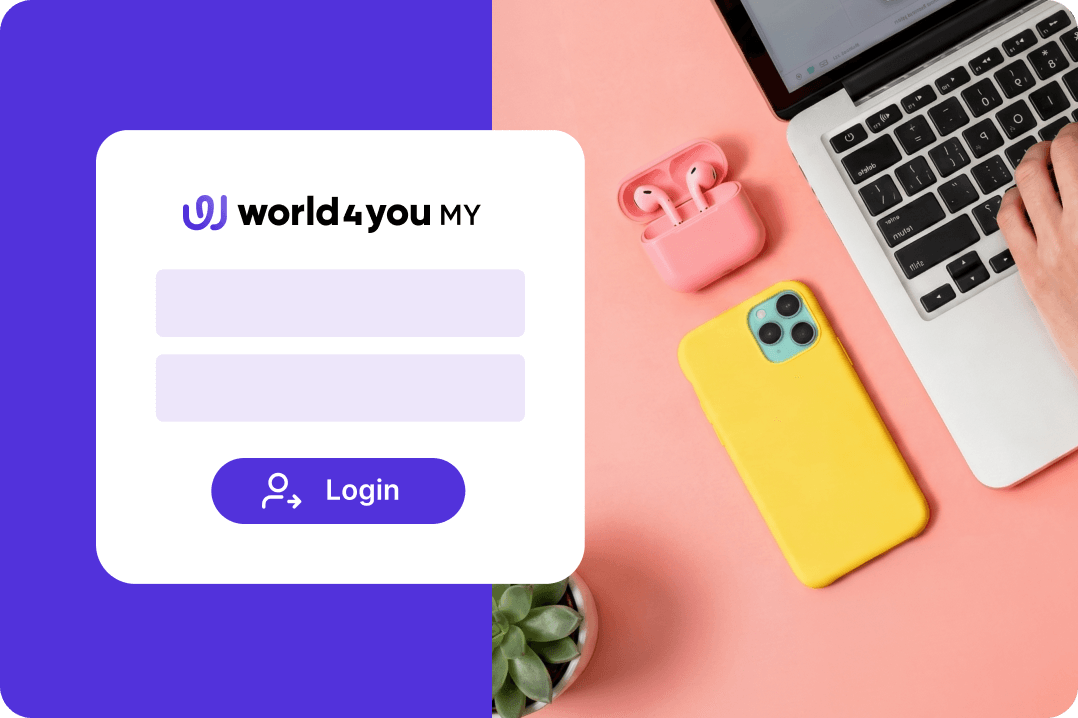 Login panel next to a person on a laptop, a yellow smartphone, and pink headphones on a desk.