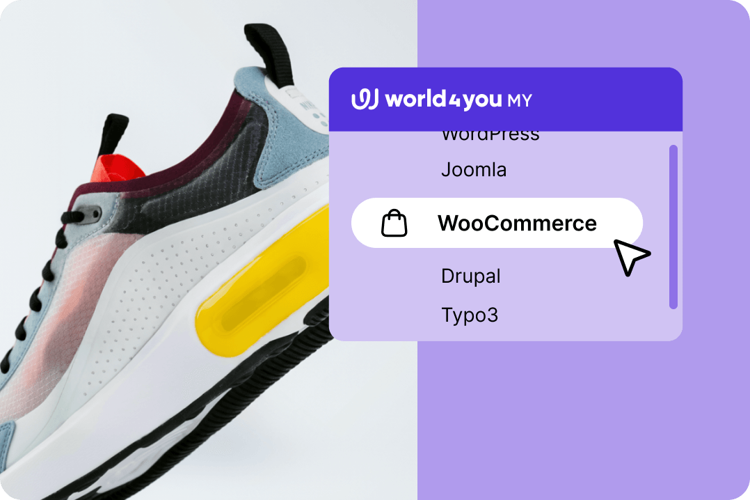 A sneaker next to a world4you menu where WooCommerce is being selected with a mouse cursor.