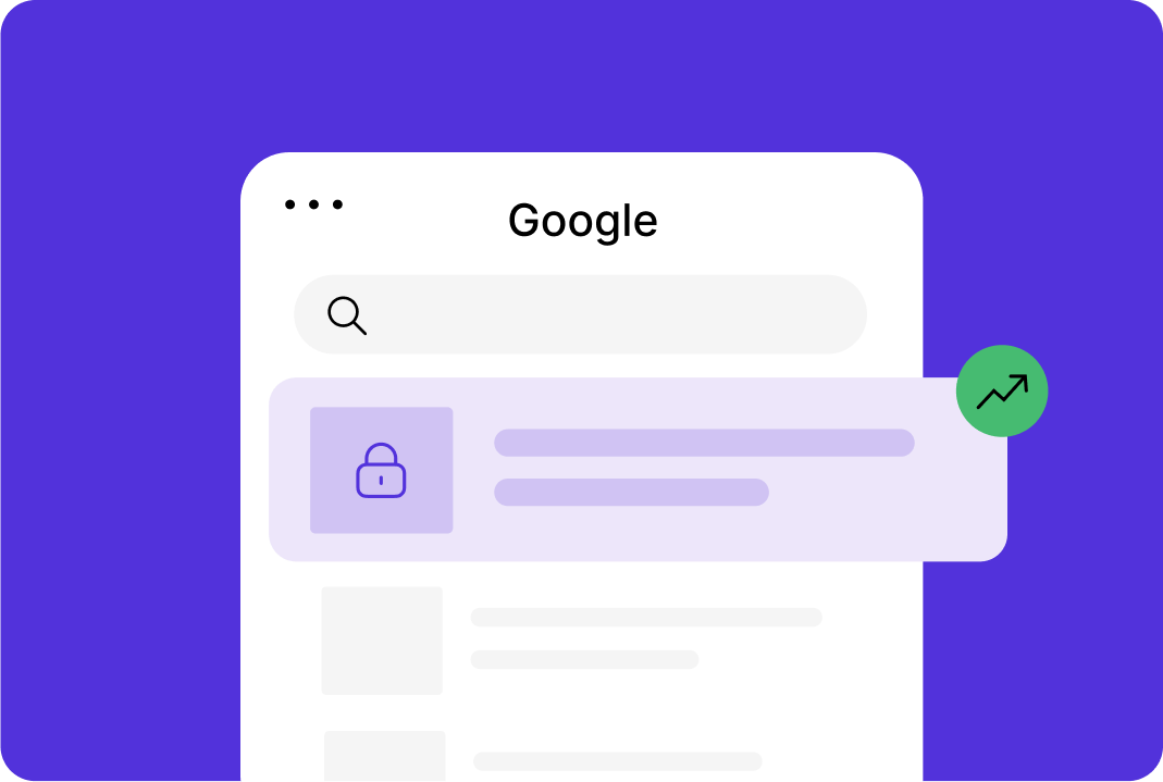 A browser window shows Google search, a lock icon, and a green icon with an upward arrow.