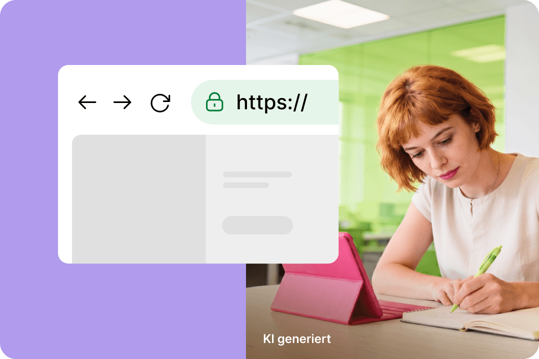A person in a white top writes. On the left is a browser with a lock. Note: AI-generated content.