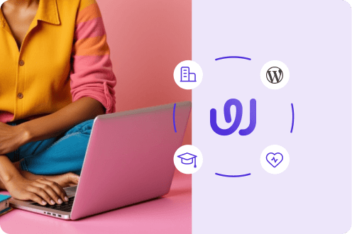 Person im gelben Oberteil am Laptop neben WordPress-Logo und Icons für Business, Bildung, Community und Gesundheit.