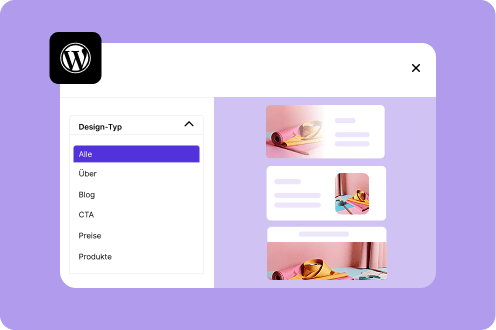WordPress-Menü zur Design-Auswahl für deine Website mit Kategorien wie Blog, CTA und Produkte.