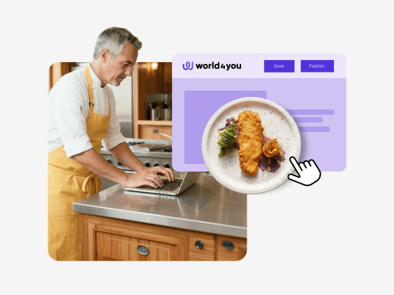 Person in a yellow apron at a laptop. Next to it, a website editor with world4you logo, save button, and a food image.