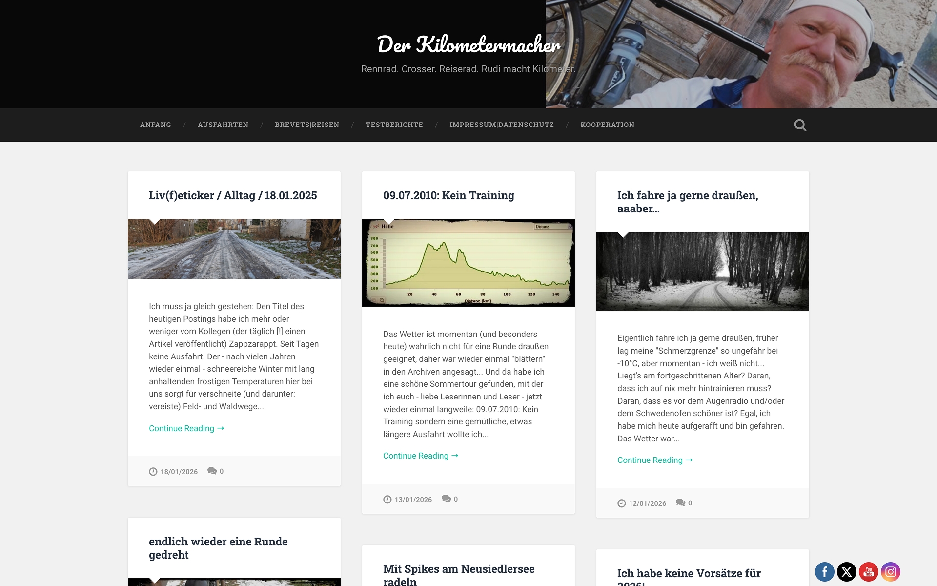 Website preview of "Der Kilometermacher" featuring blog posts about cycling trips and a photo of a person with a bicycle.
