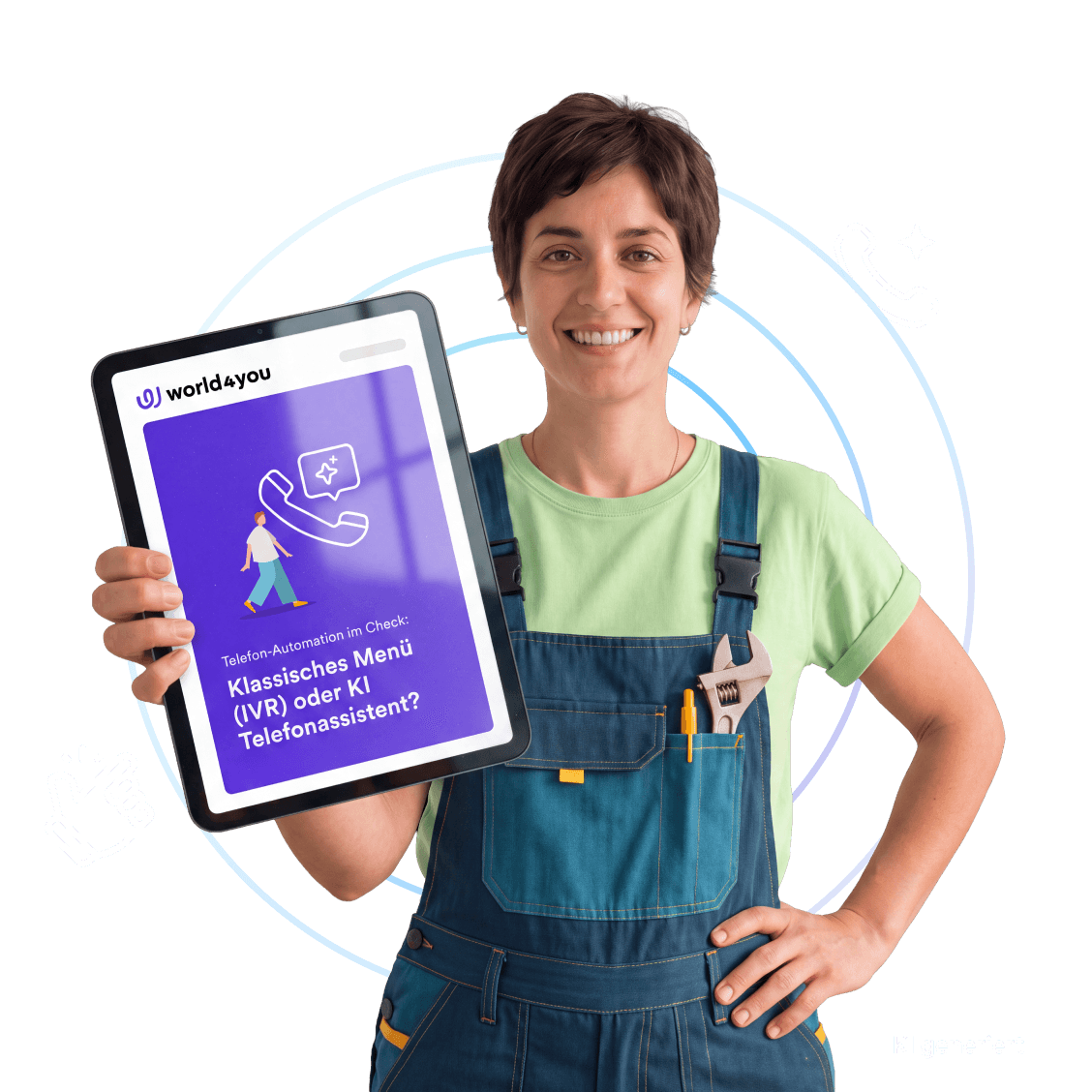 Smiling tradeswoman holding a tablet showing the guide comparing IVR and AI phone assistant.