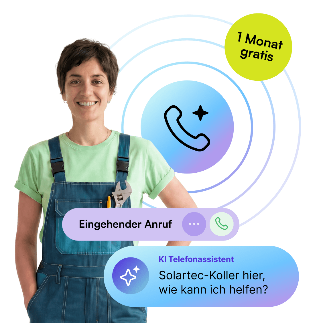 Lächelnde Handwerkerin neben einer Anrufbenachrichtigung, die der KI Telefonassistent automatisch beantwortet.