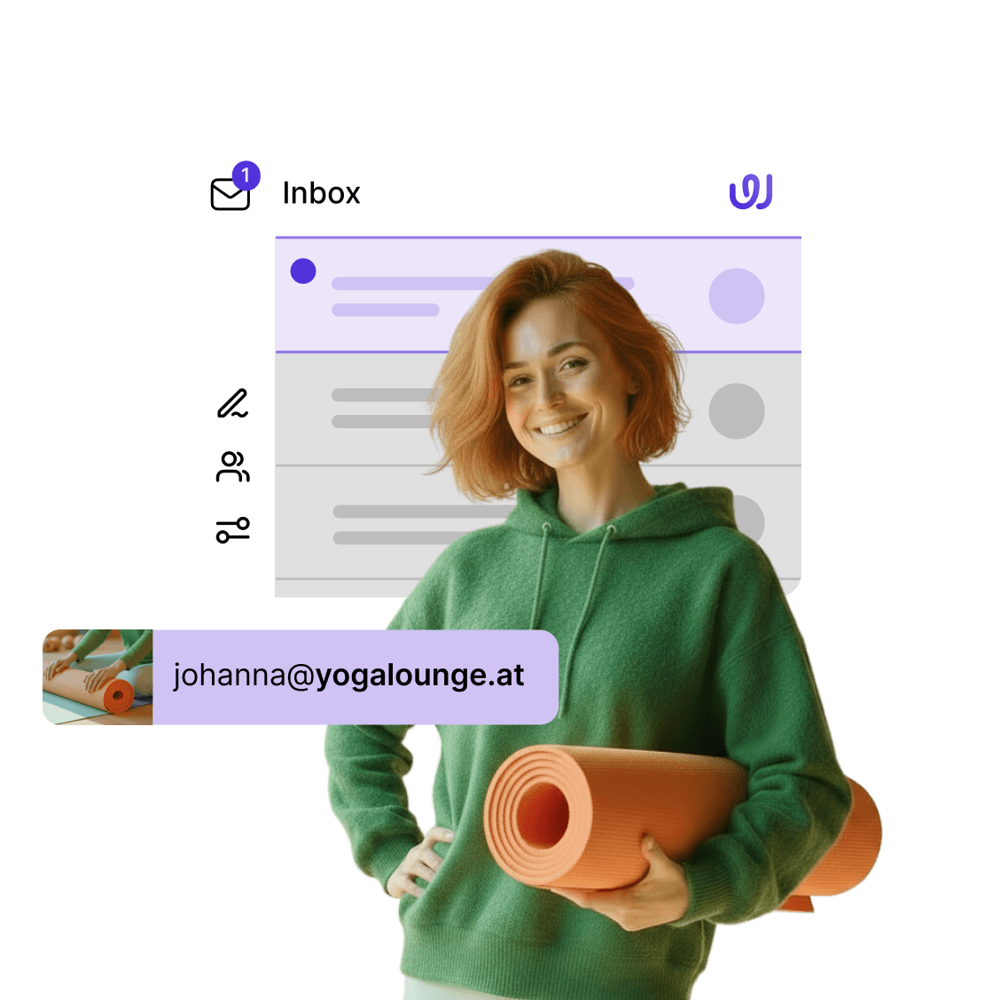 Mail Smiling person in green sweater with yoga mat in front of an email inbox with custom domain (AI-generated image).
