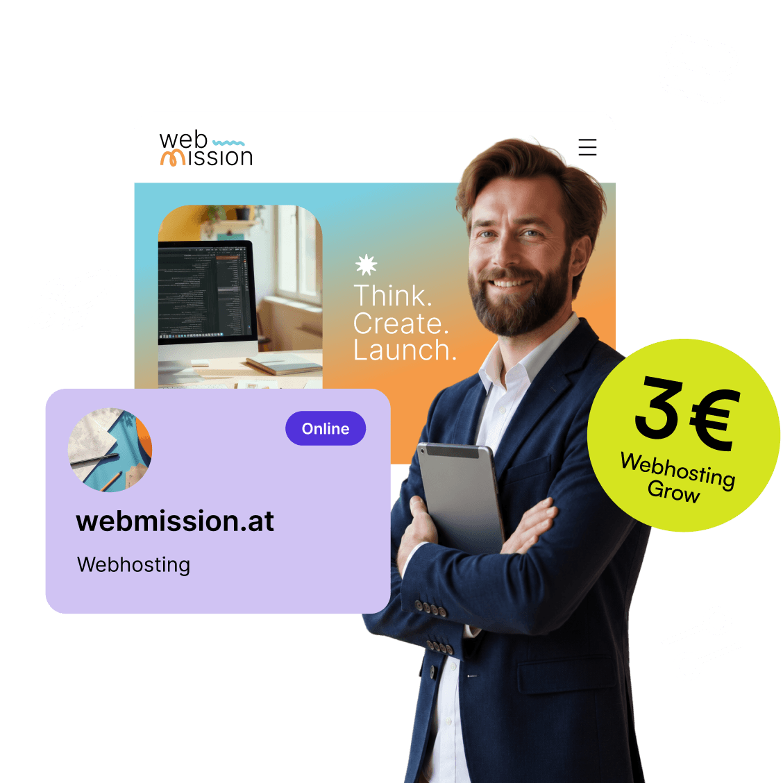Lächelnder Mann im Anzug hält ein Tablet vor seiner Website, daneben ein Badge mit „3 € Webhosting Grow“.