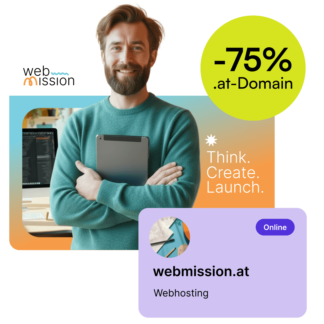 Lächelnde Person in türkisfarbenem Pullover mit Tablet vor eigener Website mit Webhosting (KI-generiertes Bild).