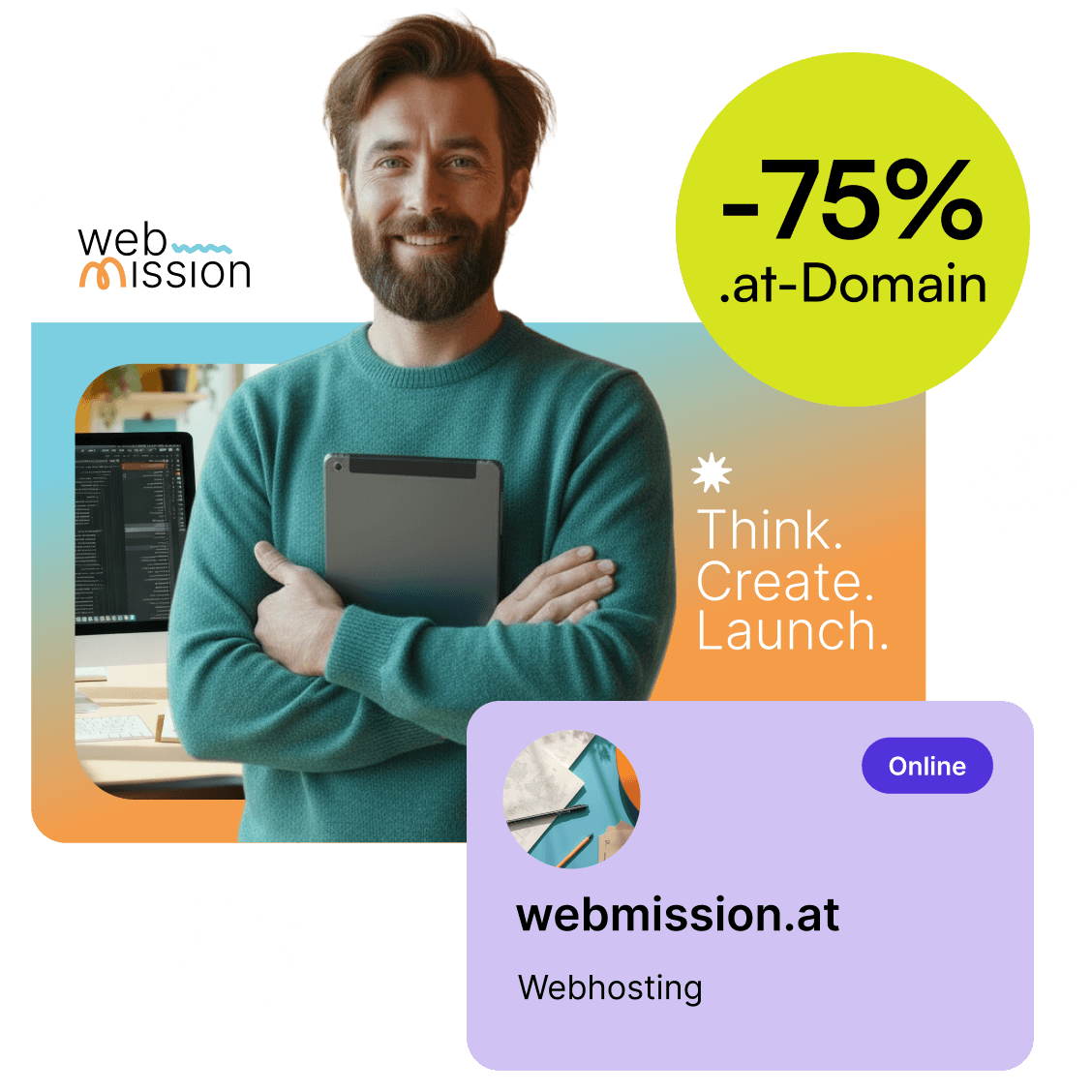 Lächelnde Person in türkisfarbenem Pullover mit Tablet vor eigener Website mit Webhosting (KI-generiertes Bild).