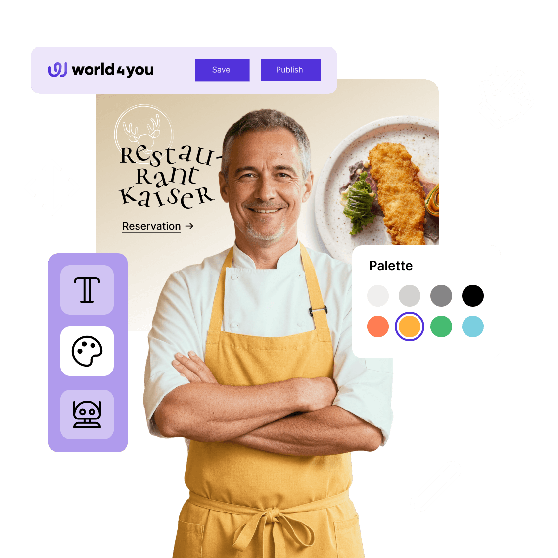 Lächelnde Person mit Kochschürze vor Editor mit KI-gestützten Content Generator (KI-generiertes Bild).