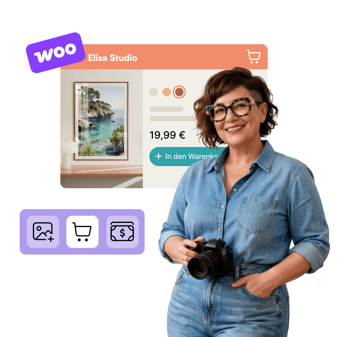 A person wearing a blue top holds a camera in front of a website with a WooCommerce logo and a product image.