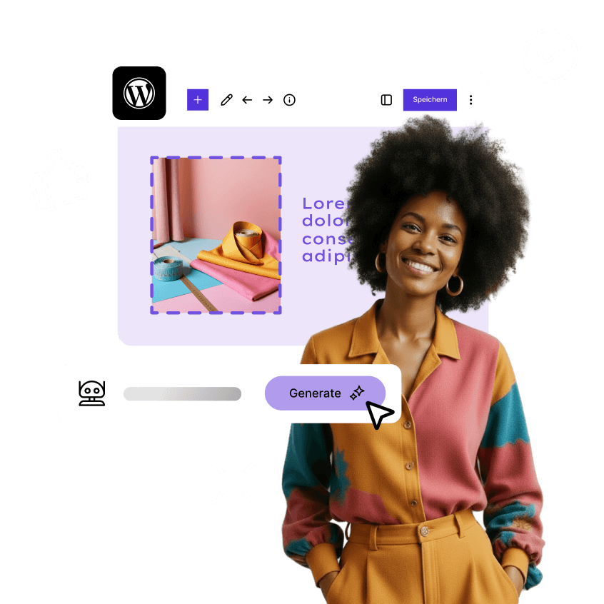 Lächelnde Person in buntem Outfit vor Computer