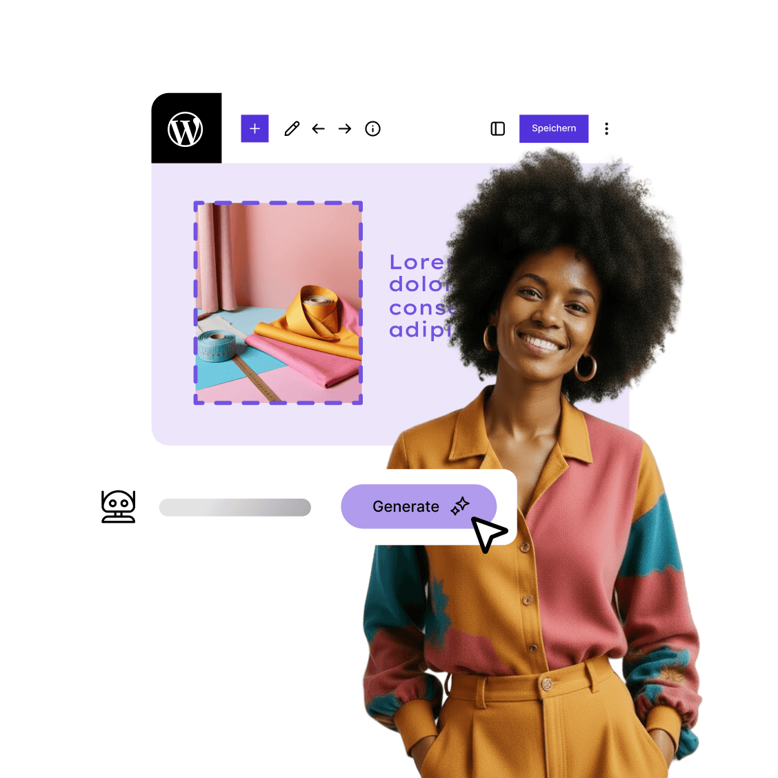 WordPress Smiling person in colorful outfit in front of WordPress editor with AI-powered content generator (AI-generated image).