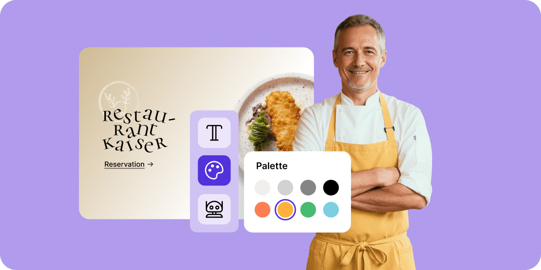 Person wearing a yellow apron next to a website design interface showing a restaurant logo and color palette options.