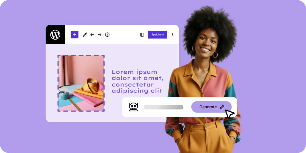 Smiling person in a colorful top using an AI generation tool within a website editor featuring the WordPress logo.